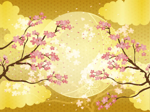 ilustraciones, imágenes clip art, dibujos animados e iconos de stock de patrón de fondo japonés de flores de cerezo y oro - lunar new year