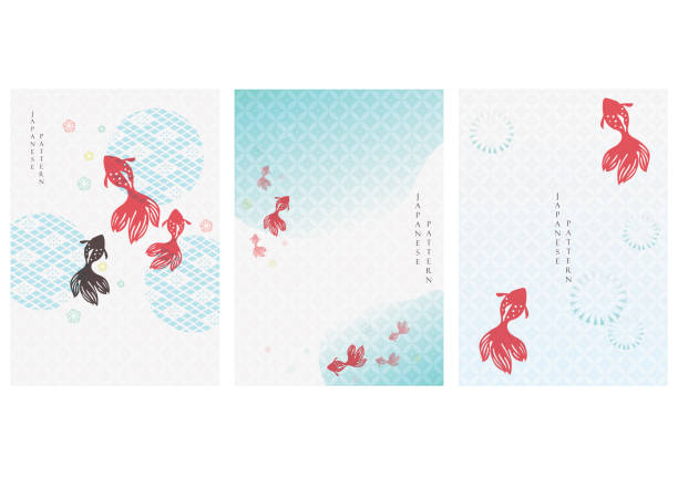 金魚のベクトルを持つ日本の背景。アイコン要素を持つアジアのパターン。ヴィンテージスタイルの水と川のテンプレート。 - 金魚点のイラスト素材／クリップアート素材／マンガ素材／アイコン素材