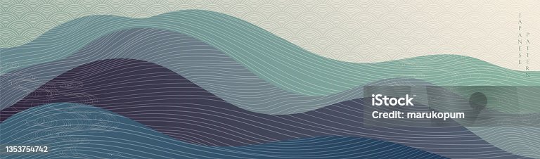 istock Japanese background with line wave pattern vector. Abstract art banner with geometric pattern. Mountain and ocean sea object in vintage style. 1353754742