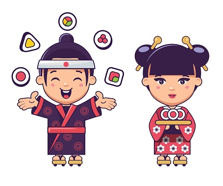 japanese boy and girl in kimono with sushi