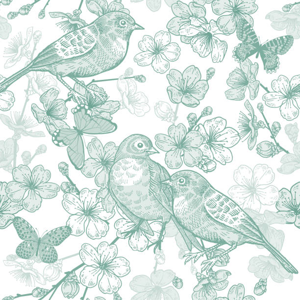 Japanese cherry, bird and butterflies. Seamless pattern. Green and white. Seamless pattern with Japanese cherry, bird and butterflies. Illustration of spring nature. Vector sketch. Green and white. Vintage. bird designs stock illustrations