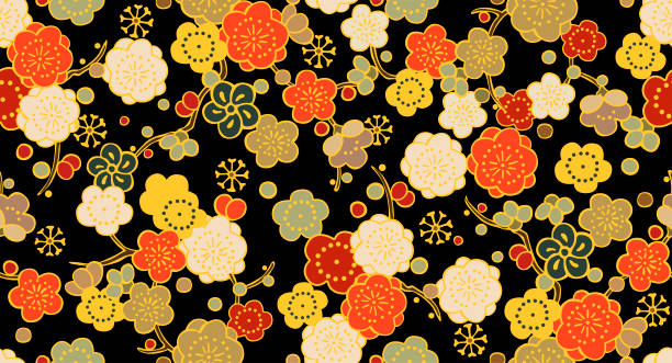 японский красочный цветок бесшовные шаблон - культура восточной азии stock illustrations
