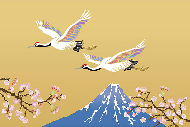 stockillustraties, clipart, cartoons en iconen met japanese crane and mt.fuji - twee dieren