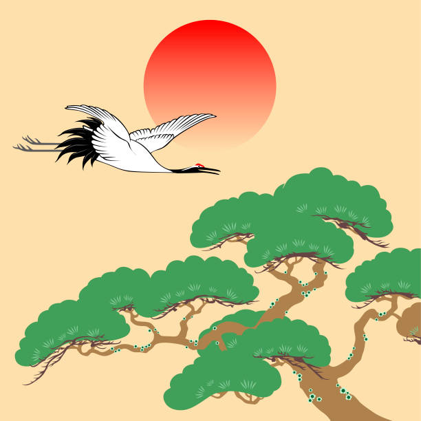 日の出イラストを使用した日本の鶴と松の木 - 松　日本点のイラスト素材／クリップアート素材／マンガ素材／アイコン素材