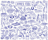 Sushi, noodles, ramen, udon, yakitori. Vector hand drawn illustration isolated on white background