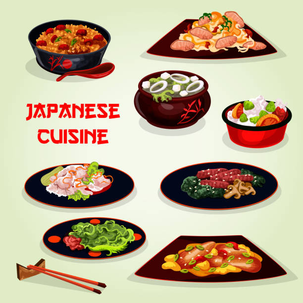 bildbanksillustrationer, clip art samt tecknat material och ikoner med japanska köket lunch ikonen för asiatisk matdesign - fisk med stekt svamp