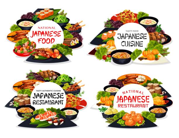 bildbanksillustrationer, clip art samt tecknat material och ikoner med japanese cuisine meals and dishes round banners - fisk med stekt svamp
