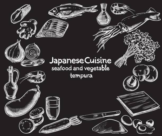 bildbanksillustrationer, clip art samt tecknat material och ikoner med japanska köket. skaldjur och vegetabiliska tempura ingredienser vektor skiss - fisk med stekt svamp