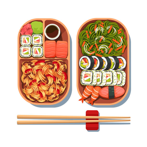 日本料理は、お箸で 2 つのプレートのセットします。寿司、ラーメン、海草サラダ。日本料理は、トップ ビューを設定します。フラット分離ベクトル - うどん 上から点のイラスト素材／クリップアート素材／マンガ素材／アイコン素材