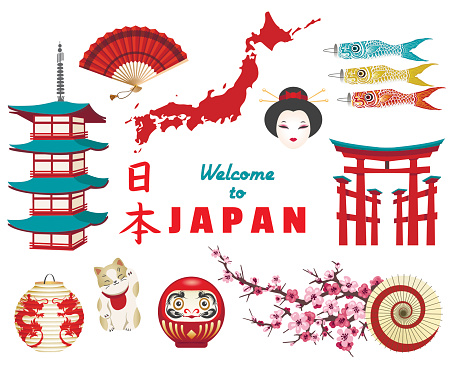 Japanese Culture Icons On White Background Stock Illustration