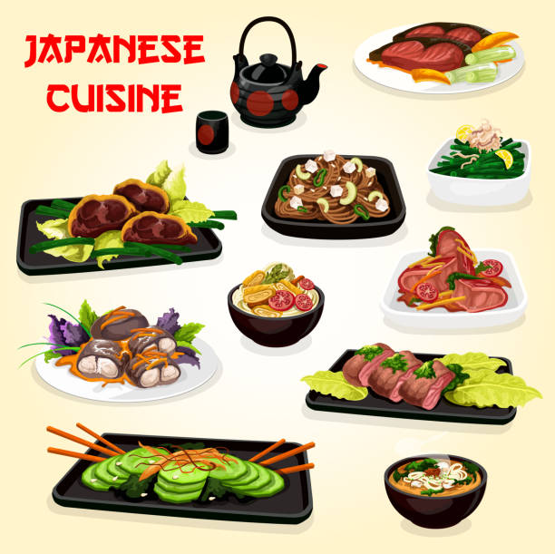 bildbanksillustrationer, clip art samt tecknat material och ikoner med japanska fisk-och kött rätter med sallader och soppa - fisk med stekt svamp
