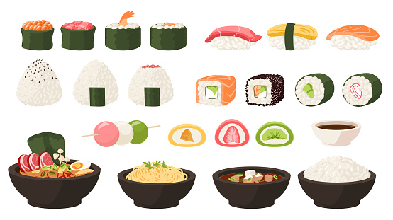Japanese food. Asian cuisine. Cartoon sushi and rolls. Oden soup or okonomiyaki. Traditional sweets. Yummy mochi and dango. Bowls of tasty noodles tempura. Vector oriental meal set