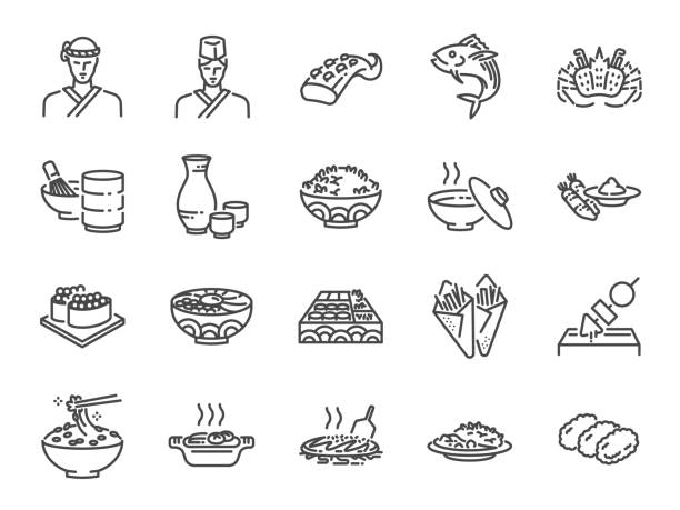 japanisches essen symbolsatz linie 1. die symbole wie sushi, sashimi, maki, sushi-rolle, tonkatsu und mehr enthalten. - asiatischer koch stock-grafiken, -clipart, -cartoons und -symbole