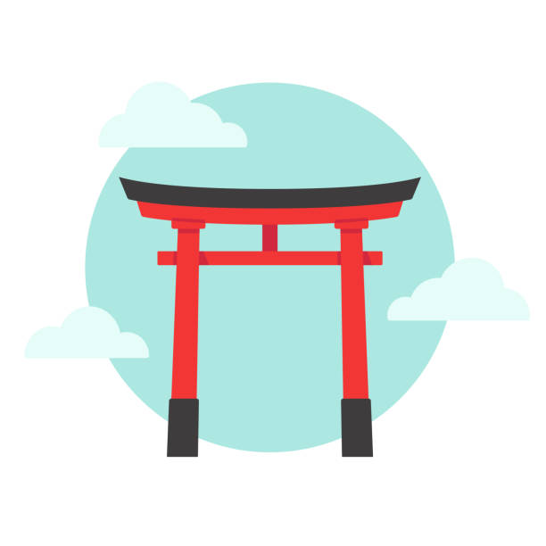 Japanese gate Torii Torii, traditional red Japanese gate on blue sky background with clouds. Simple flat cartoon vector illustration. shrine stock illustrations