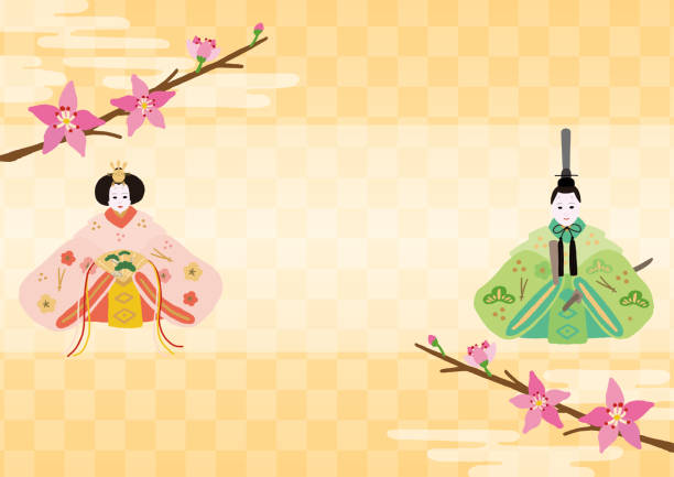 日本の女の子祭りひな人形と桃の花 - 桃の花点のイラスト素材／クリップアート素材／マンガ素材／アイコン素材
