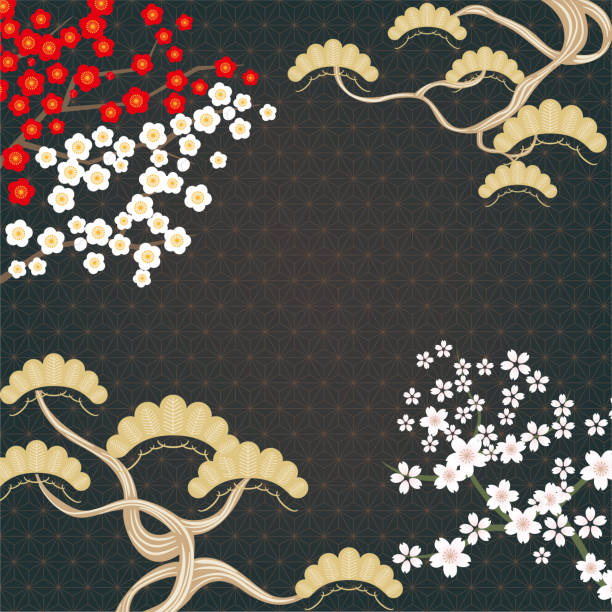 松、桜、梅の花と日本の金の幾何学的な背景 - 松　日本点のイラスト素材／クリップアート素材／マンガ素材／アイコン素材