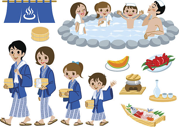 japanese hot springs set, family - saki baba stock illustrations