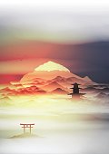 Japanese Landscape Background with Mountains and Arch Sunset with Fog  - Vector Illustration