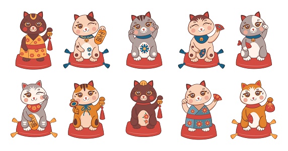 Japanese maneki neko cat set. Fortune happy kitty with money, waving coban coin, oriental lucky animal. Traditional japanese lucky talisman and souvenirs. Vector cartoon characters