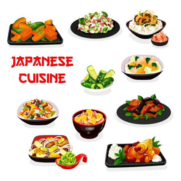 bildbanksillustrationer, clip art samt tecknat material och ikoner med japansk köttgryta, lax ris, grönsakssallad - fisk med stekt svamp