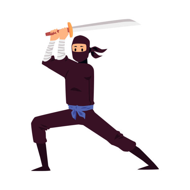 illustrations, cliparts, dessins animés et icônes de ninja japonais retenant une arme d’épée et restant dans la pose de combat. - ninja
