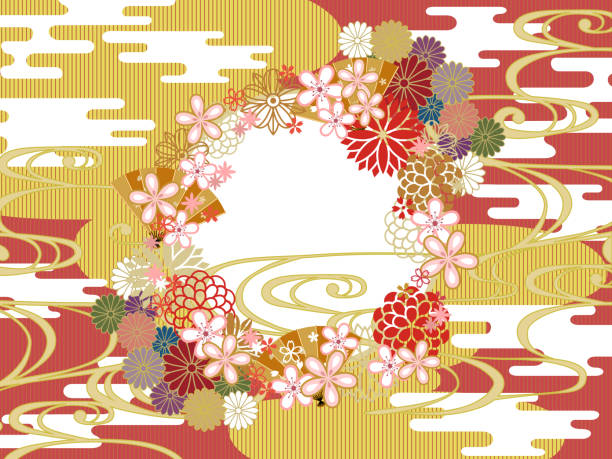日本のパターンレッドゴールドシンプルな雲背景材料菊 - 着物点のイラスト素材／クリップアート素材／マンガ素材／アイコン素材