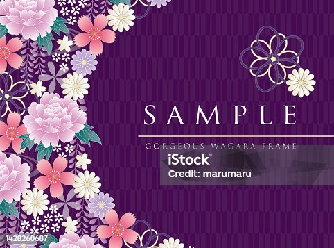 istock Japanese purple kimono pattern wisteria and peony design template 1428260687