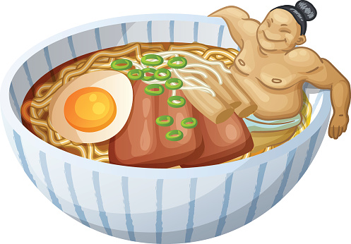 Japanese Ramen Soup And Man Is Bathing In Bowl Cartoon Stock