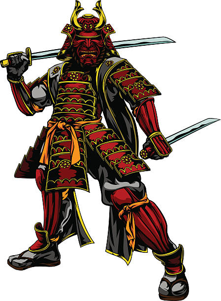 Japanese Samurai Warrior An illustration of a Japanese samurai warrior standing and holding two swords drawing of fighter planes stock illustrations