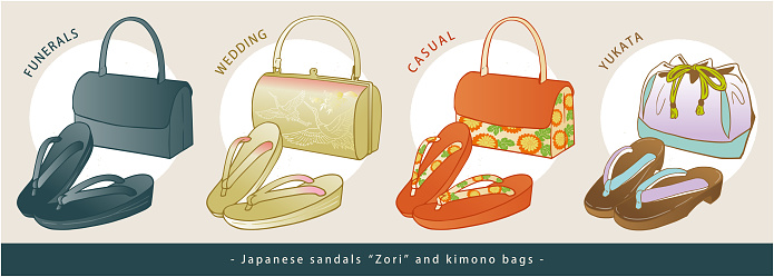 日本のサンダルゾリと着物バッグ ゆかたのベクターアート素材や画像を多数ご用意 Istock
