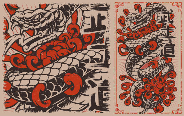 Japanese snake Japanese snake tattoo design. Viper and chrysanthemums in Japanese style. Perfect for the posters, shirt prints, and many other. snakes tattoos stock illustrations