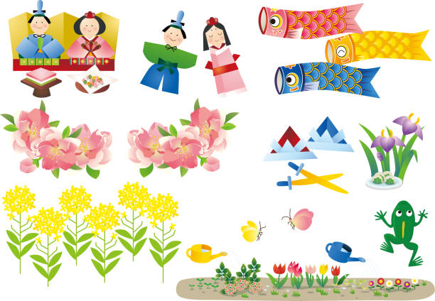 日本の春の行事と季節のイラストセット - 桃の花点のイラスト素材／クリップアート素材／マンガ素材／アイコン素材