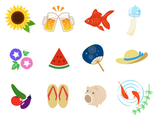 日本の夏のアイコンを設定 - 風鈴点のイラスト素材／クリップアート素材／マンガ素材／アイコン素材