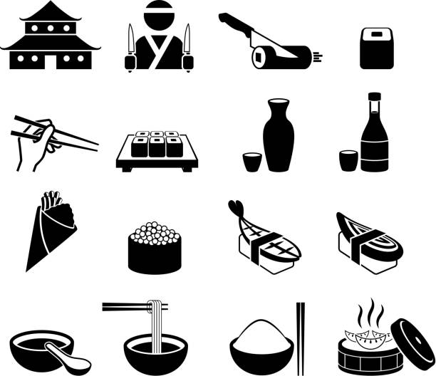japanische sushi-restaurant, schwarz und weiß lizenzfreie vektor icon-set - asiatischer koch stock-grafiken, -clipart, -cartoons und -symbole