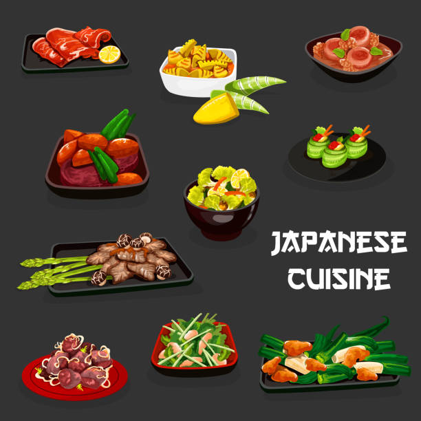 bildbanksillustrationer, clip art samt tecknat material och ikoner med japansk sushirulle, kött, grönsaker, fisk-och skaldjursrätter - fisk med stekt svamp