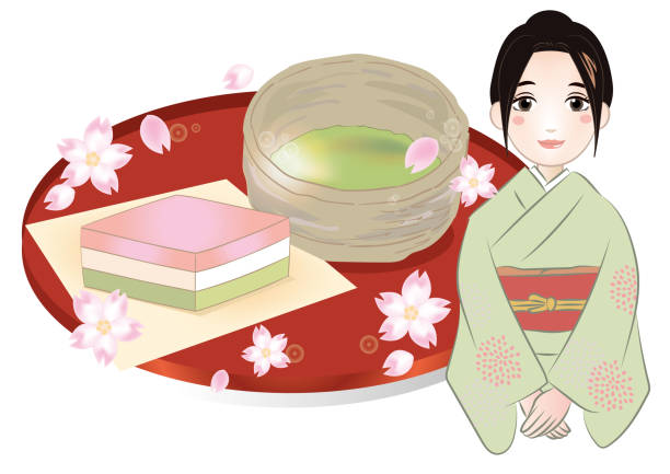 日本のお菓子と抹茶春の画像 - 茶室点のイラスト素材／クリップアート素材／マンガ素材／アイコン素材