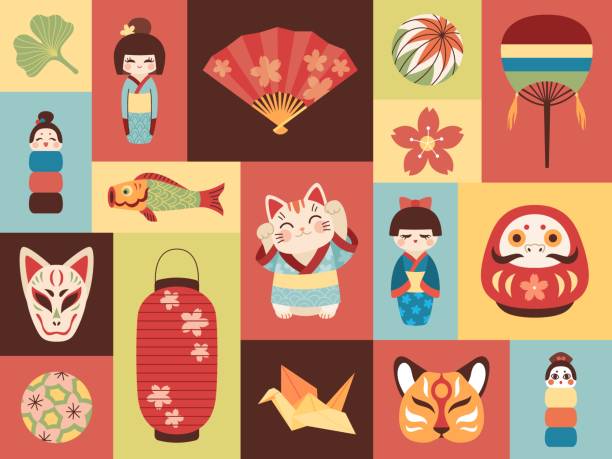 Japanese toys. Asian cultural elements. Mini banners with national items. Lucky symbols. Kokeshi dolls. Maneki cats and masks. Origami crane or kids traditional balls. Vector cards set Japanese toys. Asian cultural elements. Mini banners with national items. Oriental lucky symbols. Kokeshi dolls. Maneki cats and masks. Origami crane or kids traditional balls. Vector square cards set mini fan stock illustrations