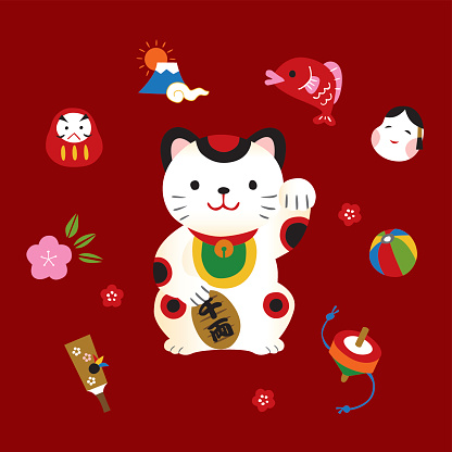 Japanese tradition elements lucky cat fish and toy