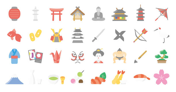 Japanese Traditional Culture Icon Set (Flat color version) This is a set of Japanese traditional culture icons. This is a set of simple icons that can be used for website decorations, user interfaces, advertising works, and other digital illustrations. pinaceae stock illustrations