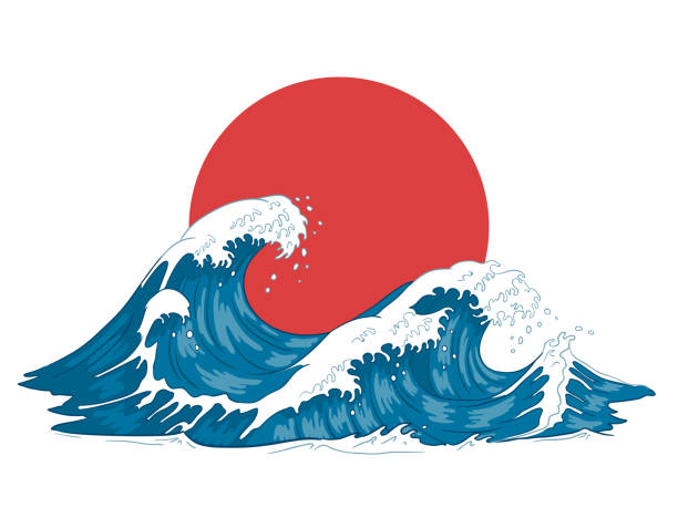 japońska fala. japońskie duże fale, szalejący ocean i rocznika wody morskiej wektor ilustracji - tsunami stock illustrations