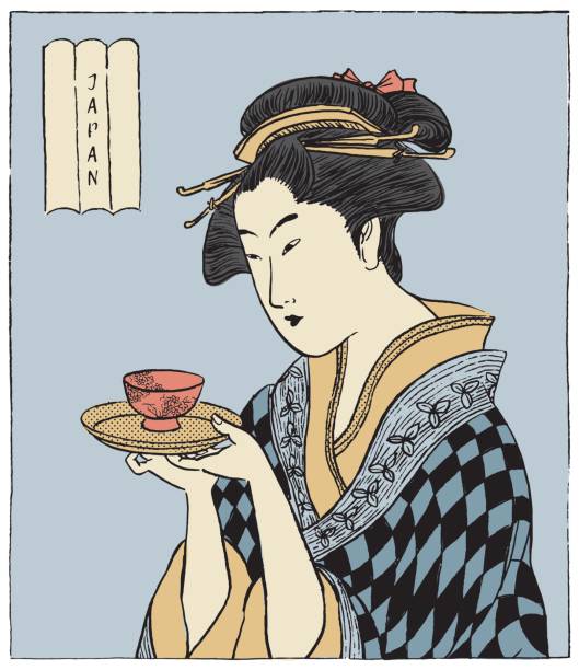 紅茶のカップを保持している日本女性。日本の伝統的なスタイル。(ベクター グラフィック) - 着物点のイラスト素材／クリップアート素材／マンガ素材／アイコン素材