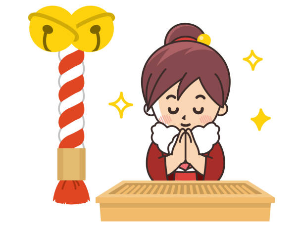 日本の女性が祈る - 初詣点のイラスト素材／クリップアート素材／マンガ素材／アイコン素材