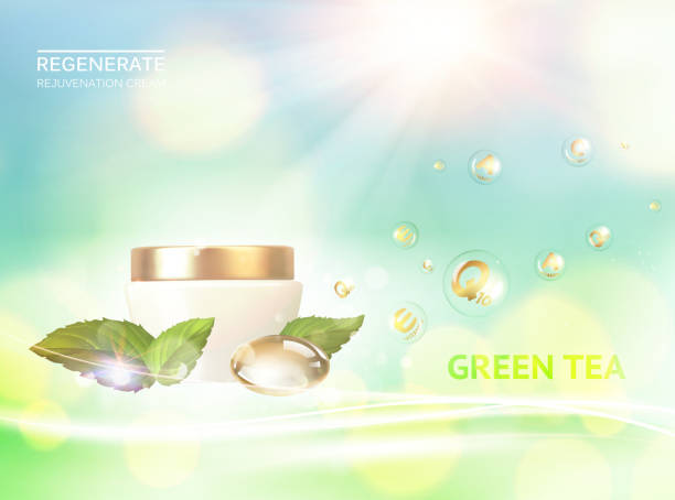 Jar of cream on a green background. Shining bio essence bottle....