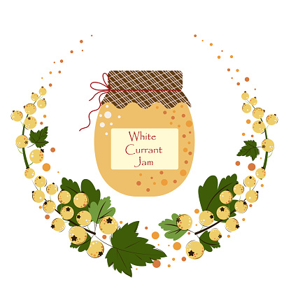 Jar White Currant Jam. Juicy ripe berries for making jam. Round frame of berries and leaves of White Currant. Flat style. Vector Illustration.