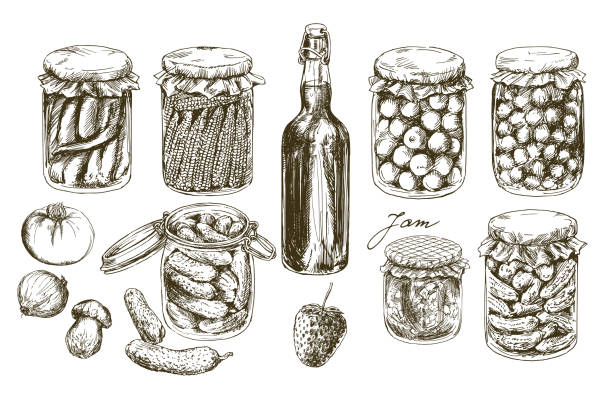 illustrations, cliparts, dessins animés et icônes de bocaux avec les fruits et légumes marinés. - hand draw jar