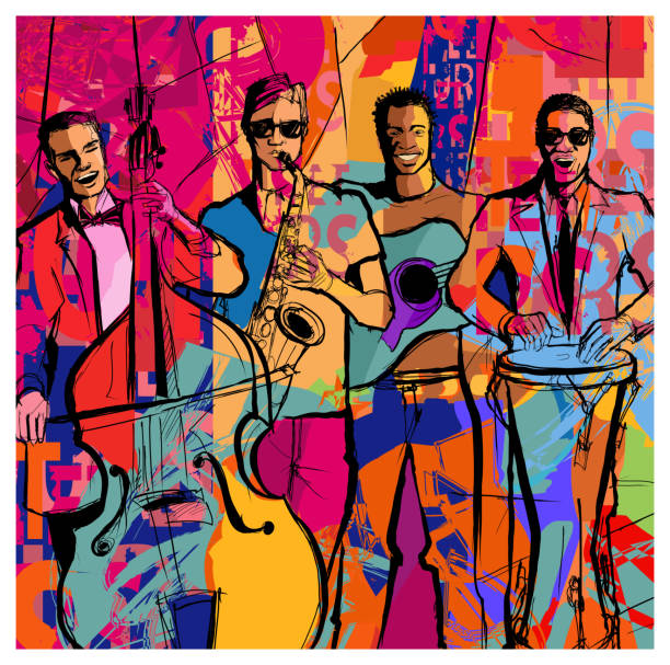 Jazz band on a colorful background Jazz band on a colorful background - vector illustration (Ideal for printing on fabric or paper, poster or wallpaper, house decoration) painting art product stock illustrations