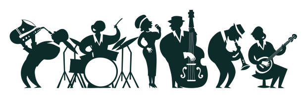 ilustrações de stock, clip art, desenhos animados e ícones de jazz band silhouettes vector colorful illustration - dancer white man on white