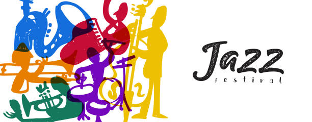 ilustraciones, imágenes clip art, dibujos animados e iconos de stock de banner de doodle del reproductor de banda de música del festival de jazz - festival de jazz