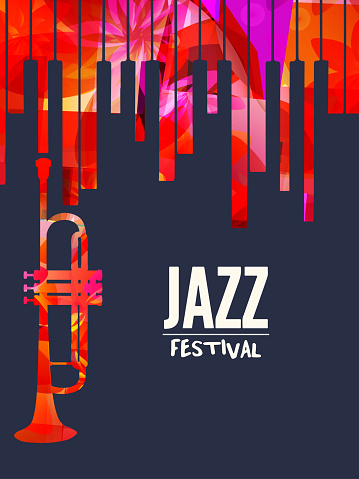 Jazz music festival poster with piano keyboard and trumpet
