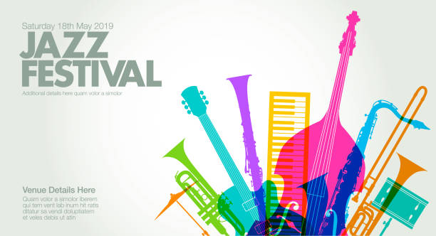 Jazz Music Poster Colourful overlapping silhouettes of Jazz musical instruments music silhouettes stock illustrations